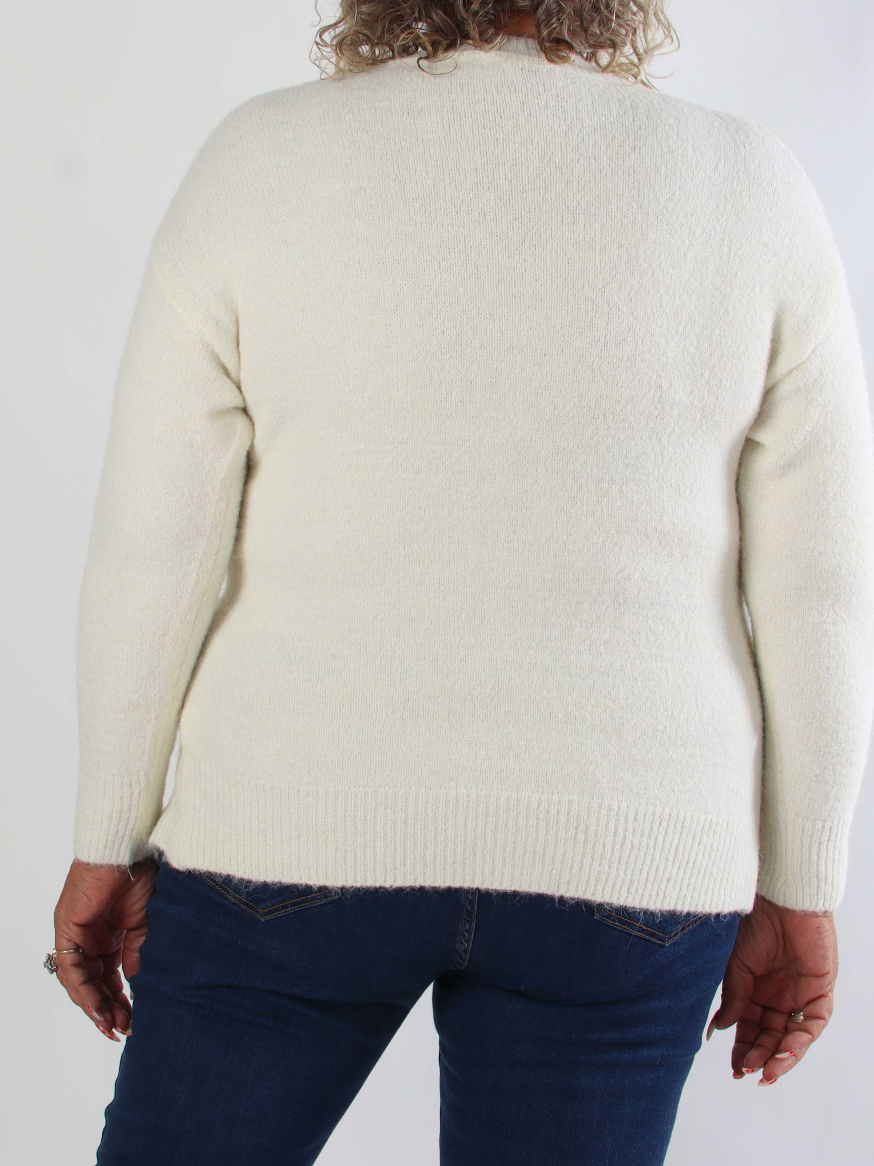 Ondine - Elegant plus size strikbluse med fine hvide perler og lille slids